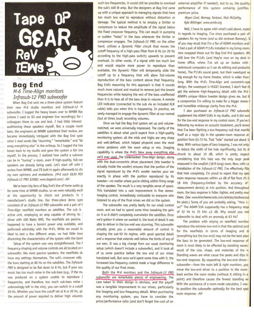 Gear Review in Tape Op Magazine on the Bag End M-6 with the Infrasub Pro 12